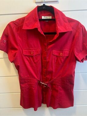 Puli Bright Red Short-Sleeve Button-Down Shirt with Belt
